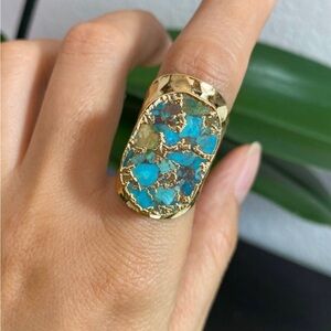 Real turquoise gold chunky irregular open ring
